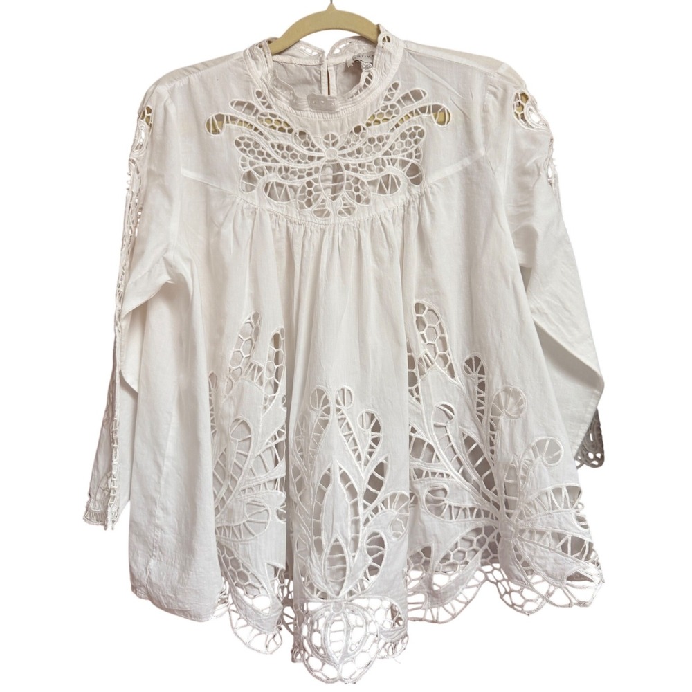 Harlyn Boho White Cotton Eyelet Lace Cut Out Blouse Size L High Neck Victorian